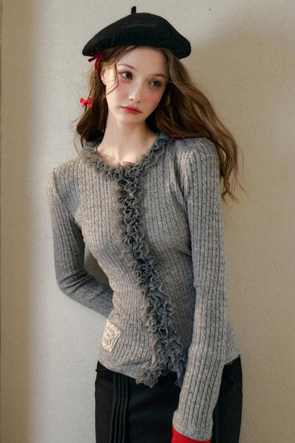 Dense Ribbed Lace Trim Sweater Top