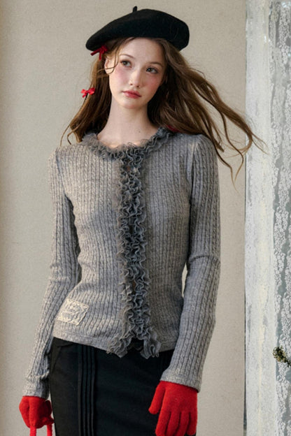 Dense Ribbed Lace Trim Sweater Top