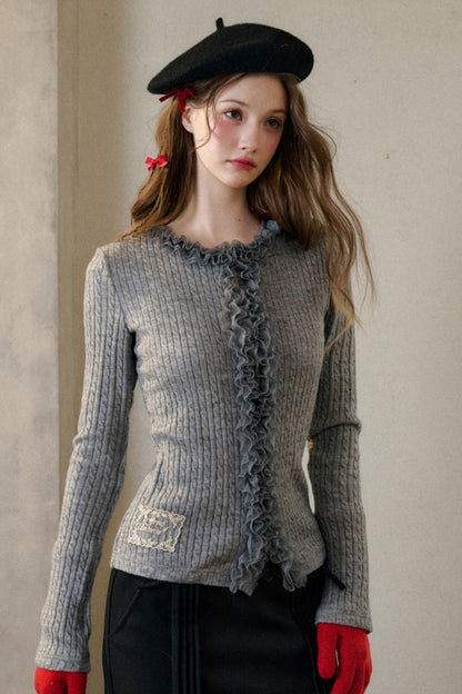 Dense Ribbed Lace Trim Sweater Top