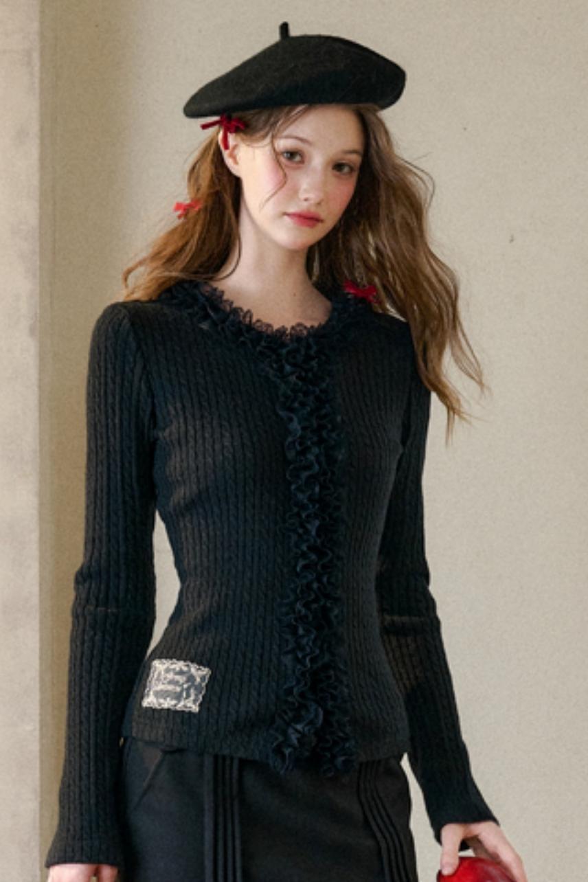 Dense Ribbed Lace Trim Sweater Top