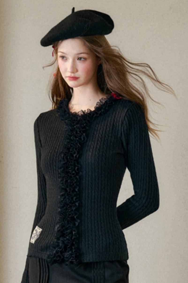 Dense Ribbed Lace Trim Sweater Top