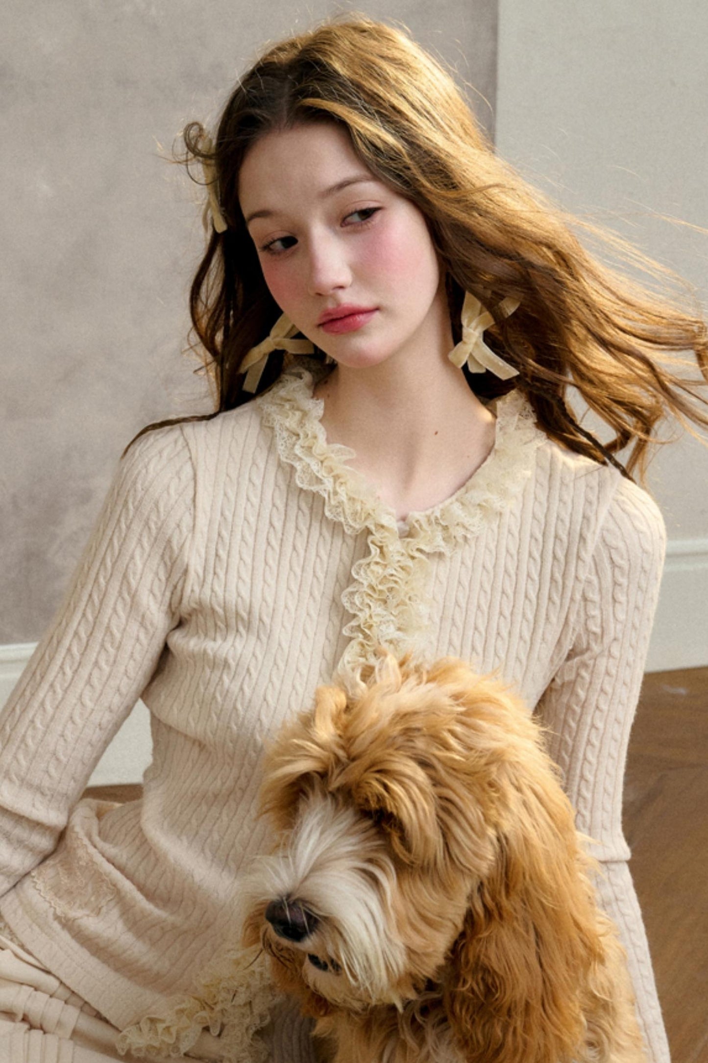 Dense Ribbed Lace Trim Sweater Top