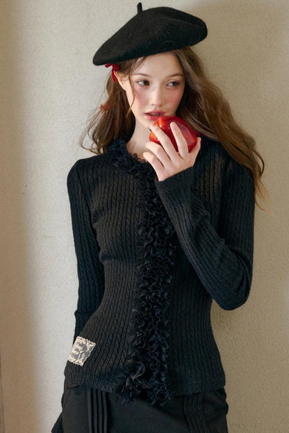 Dense Ribbed Lace Trim Sweater Top