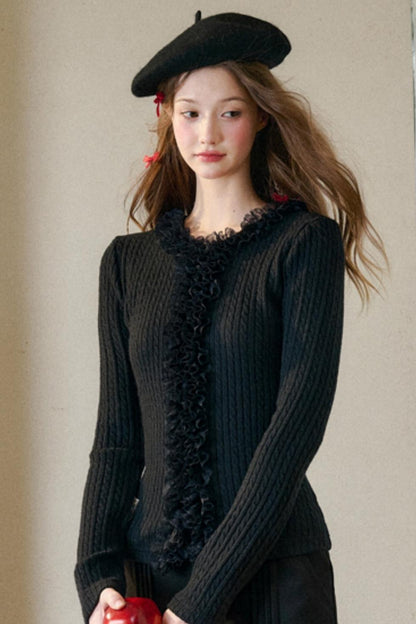 Dense Ribbed Lace Trim Sweater Top