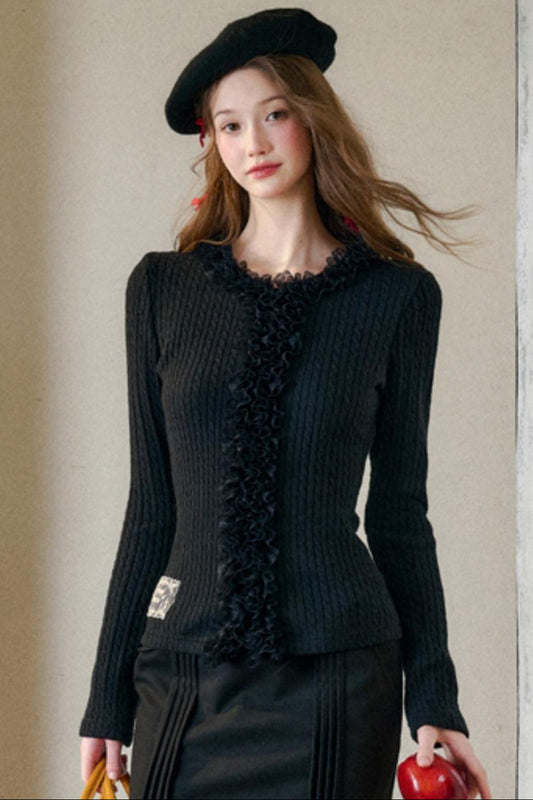 Dense Ribbed Lace Trim Sweater Top