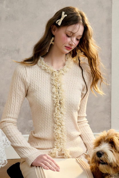 Dense Ribbed Lace Trim Sweater Top