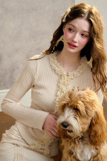 Dense Ribbed Lace Trim Sweater Top