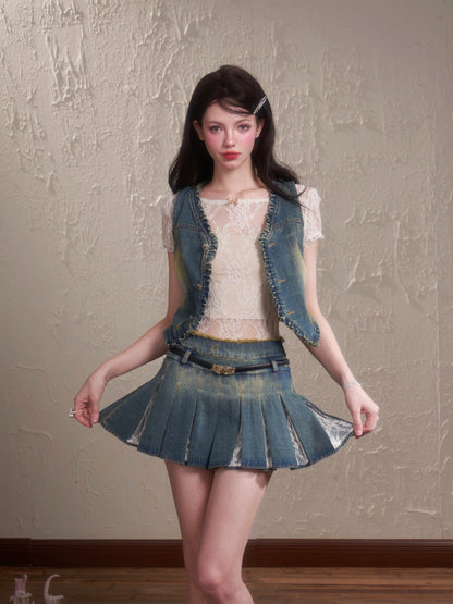 Vintage lace denim vest top pleated skirt Set