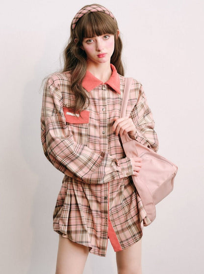 Plaid coat and skirt sets