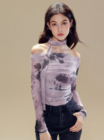 Purple butterfly one shoulder top