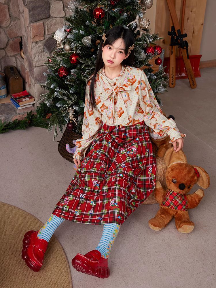 Red plaid Christmas pleated skirt