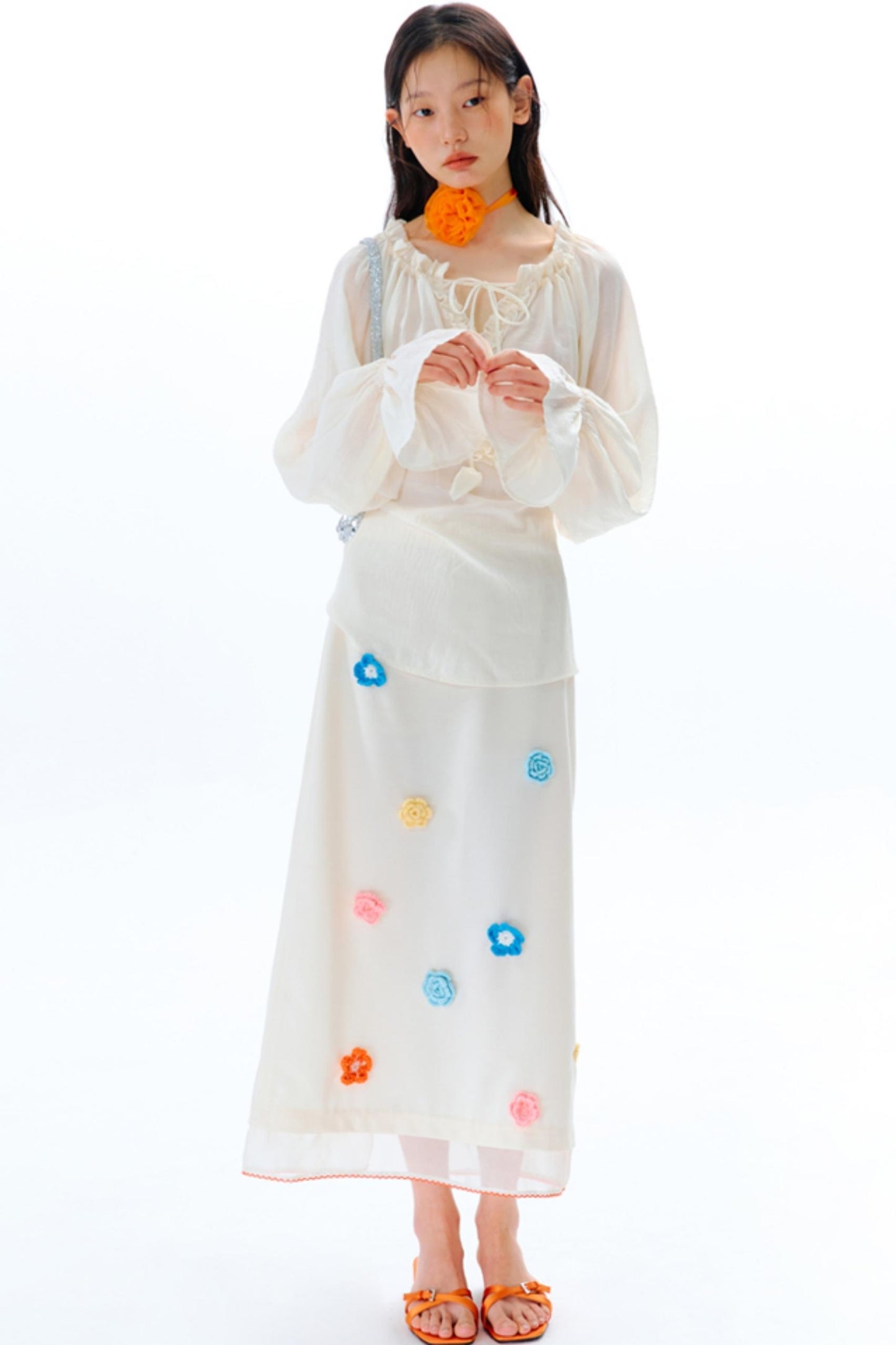 Blue Flower Fruit Ruffle V-Neck Shirt