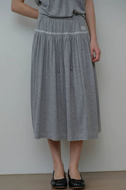 Gray Drawstring Lace Trim Midi Skirt