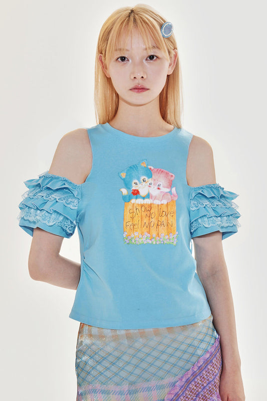 Blue Kitten Off-Shoulder Lace T-Shirt