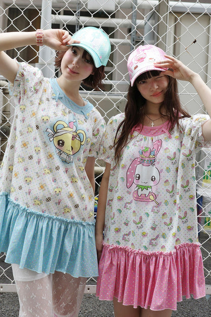 Bear And Rabbit Print Layered-Look Dress