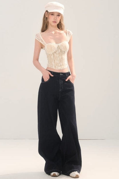 Rhinestone Wide-Leg Denim Pants