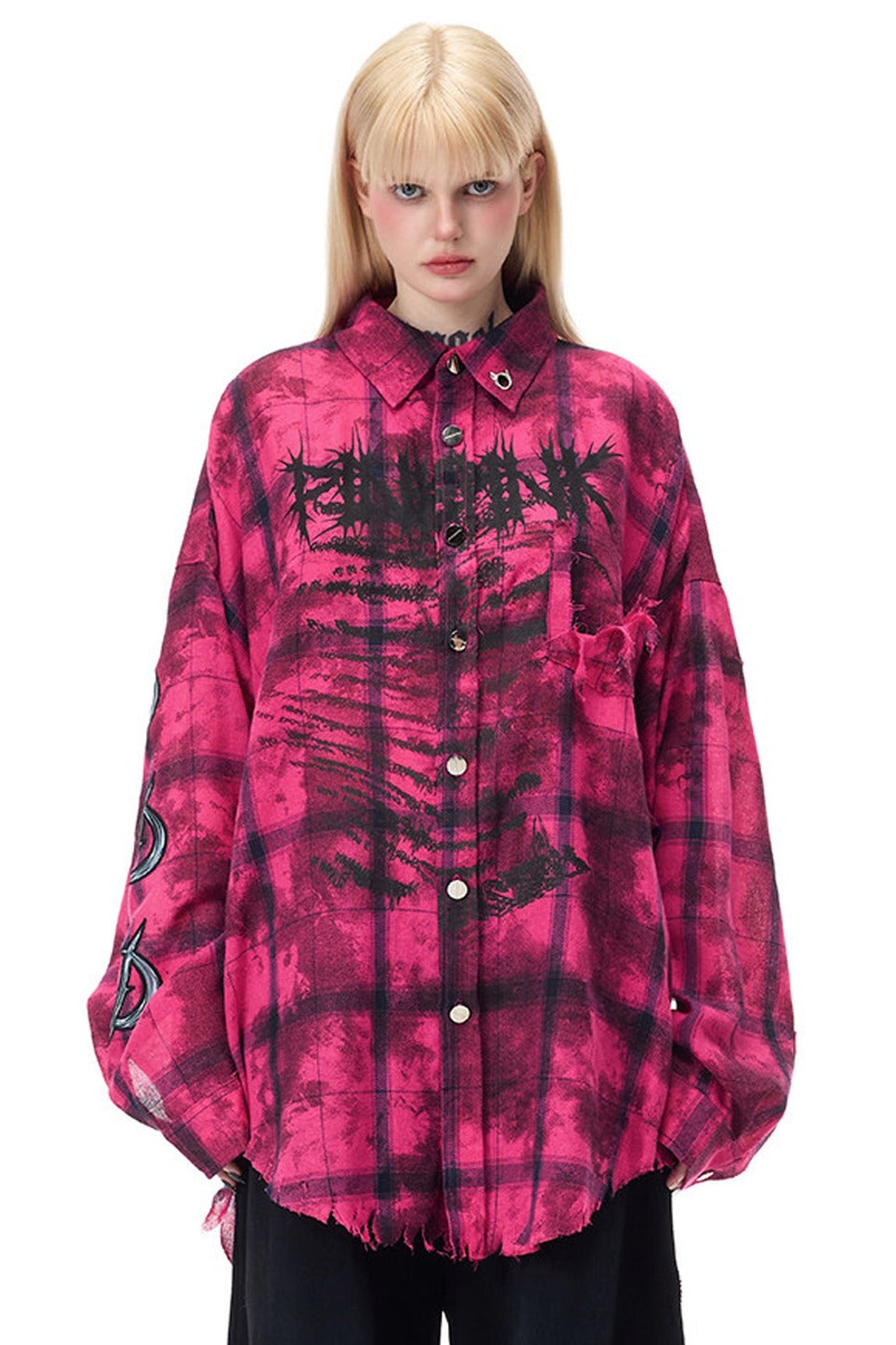 Distressed Pink Plaid Blouse