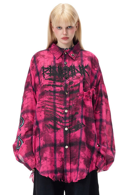 Distressed Pink Plaid Blouse