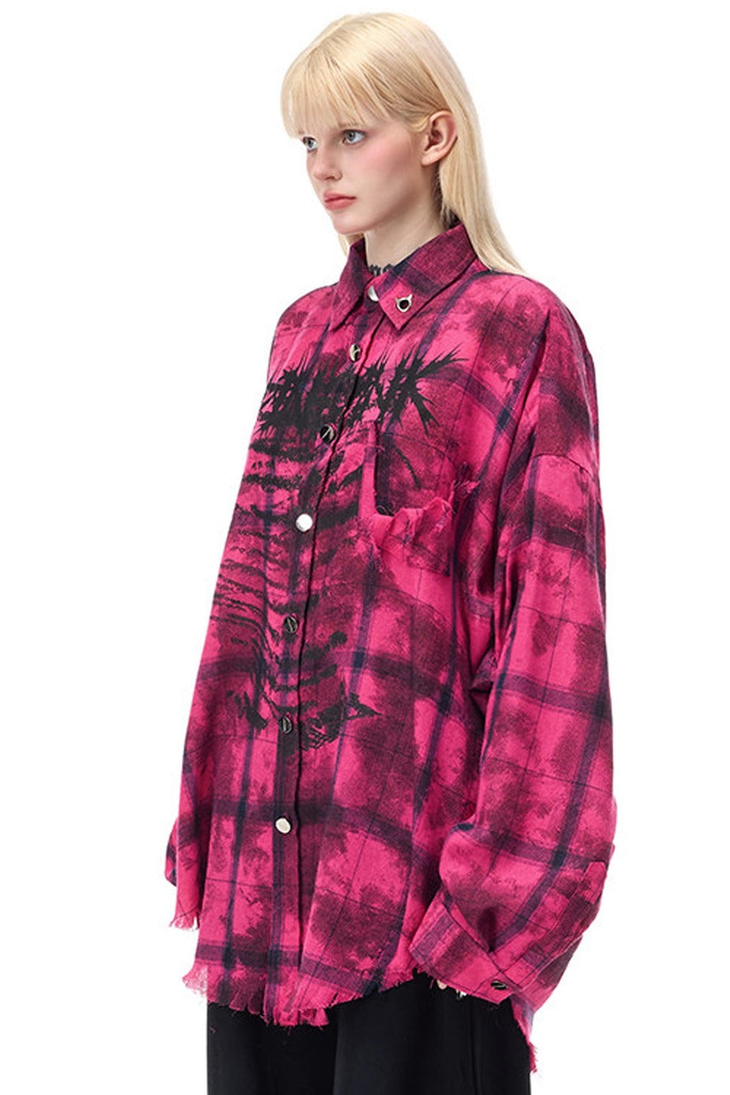 Distressed Pink Plaid Blouse