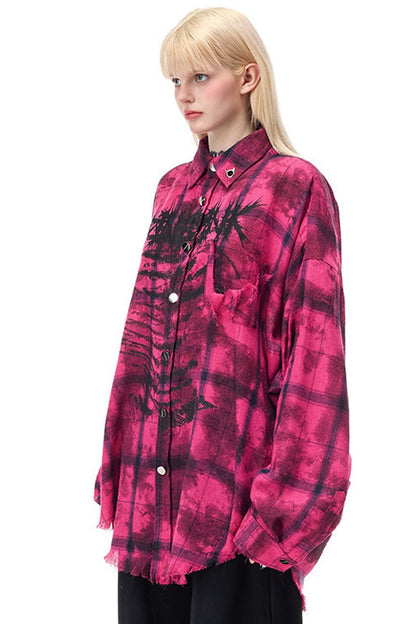 Distressed Pink Plaid Blouse