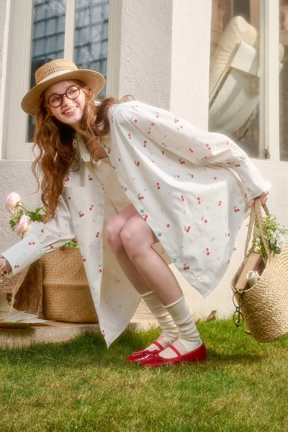 Cherry Print Shirt Top and Skirt Set-Up