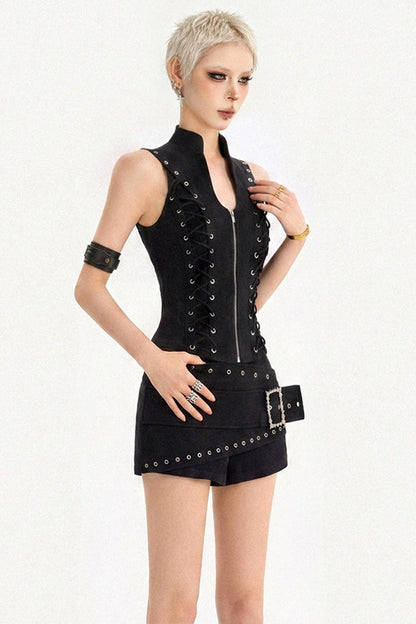 Black Lace-Up Zipper Camisole Top