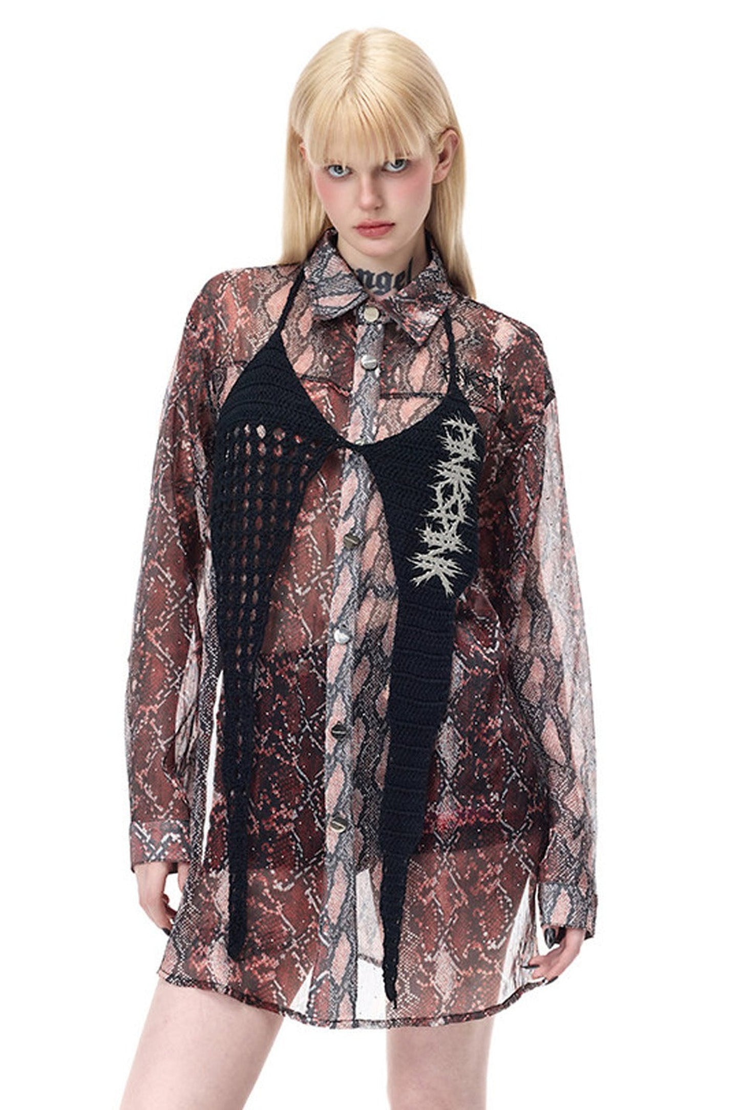 Leopard Rhinestone Mesh Blouse Set