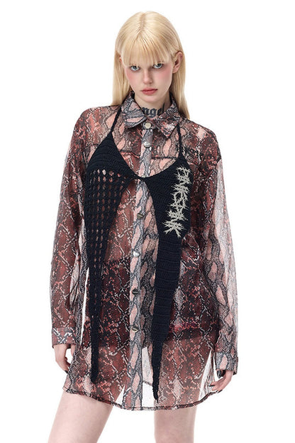 Leopard Rhinestone Mesh Blouse Set