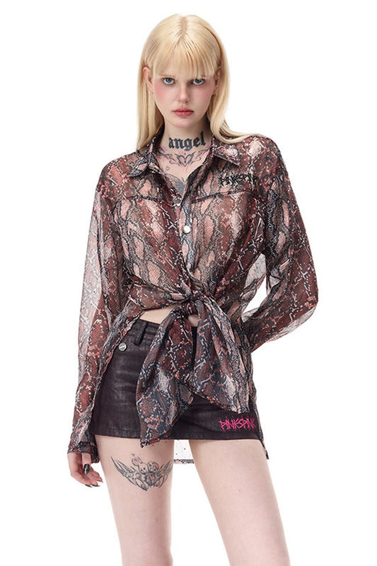 Leopard Rhinestone Mesh Blouse Set