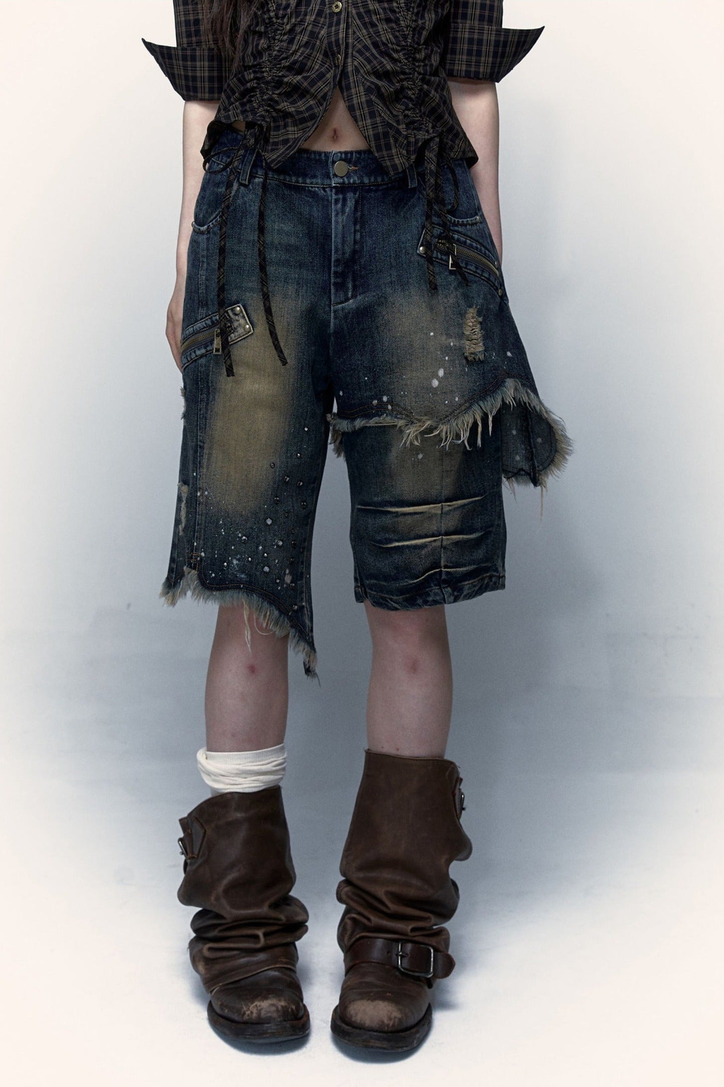 Pantaloncini di jeans effetto vissuto a gamba ampia