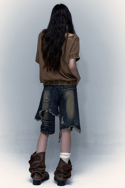Pantaloncini di jeans effetto vissuto a gamba ampia
