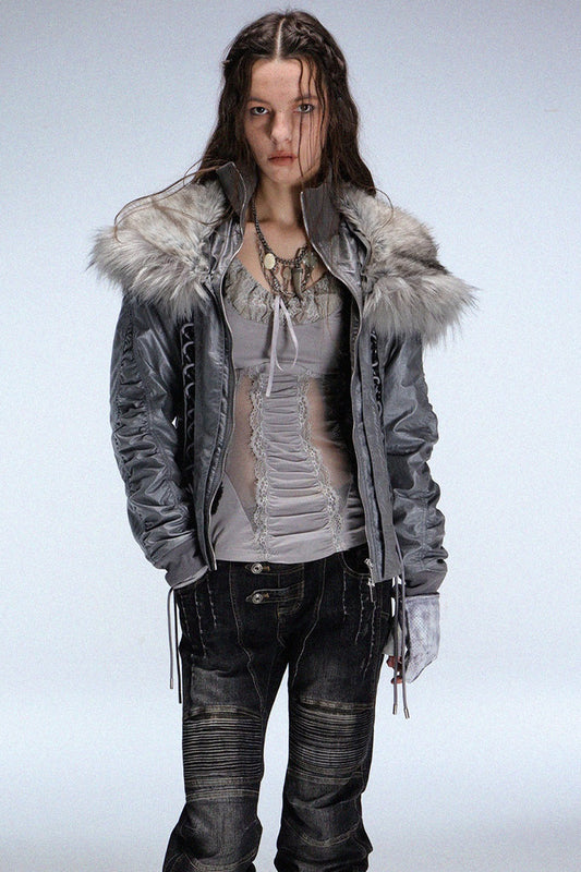 Lace-Up Fur Shawl Parka Jacket