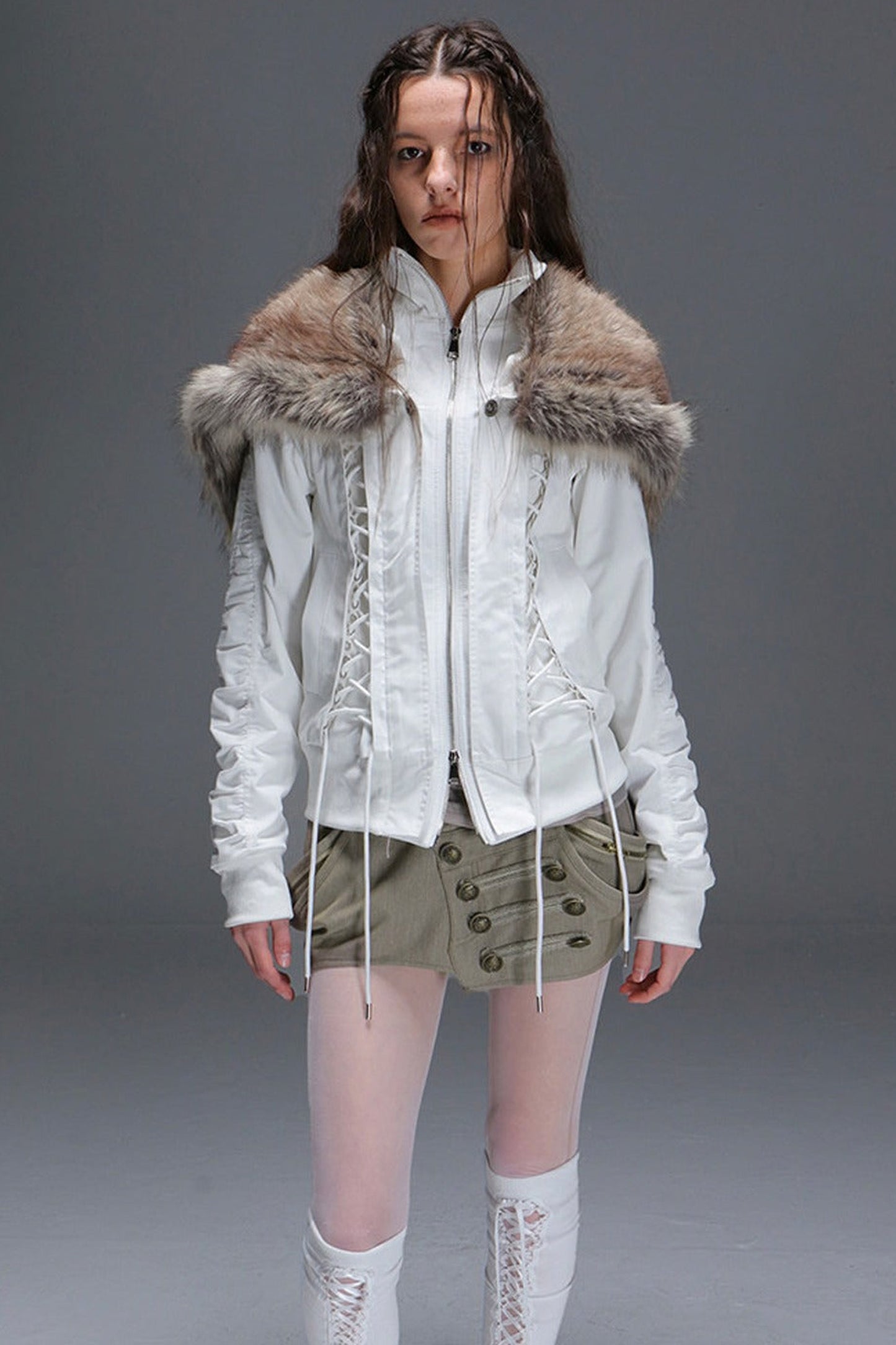 Lace-Up Fur Shawl Parka Jacket