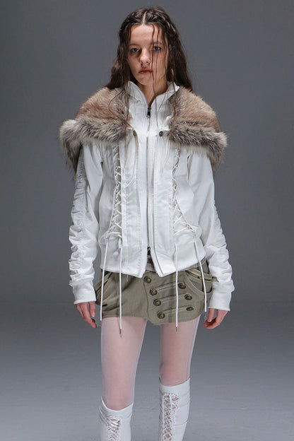 Lace-Up Fur Shawl Parka Jacket
