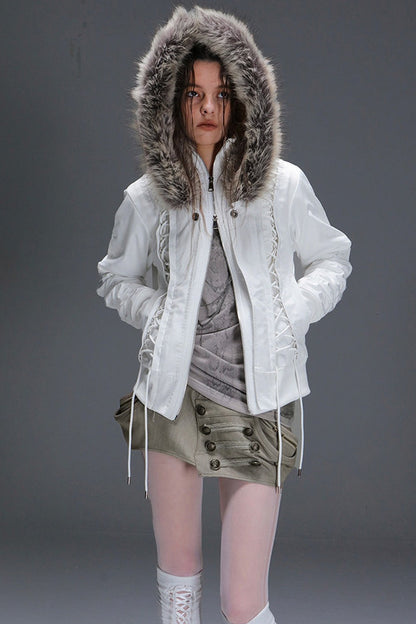 Lace-Up Fur Shawl Parka Jacket