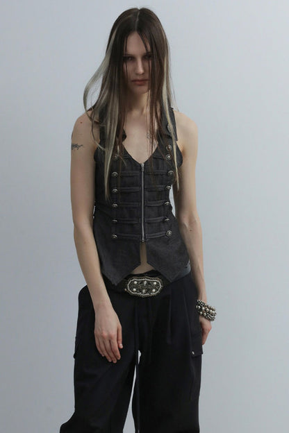 V-Neck Double-Breasted Zipper Vest