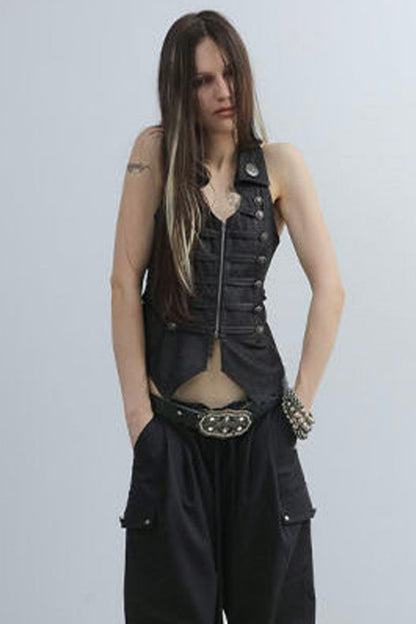 V-Neck Double-Breasted Zipper Vest