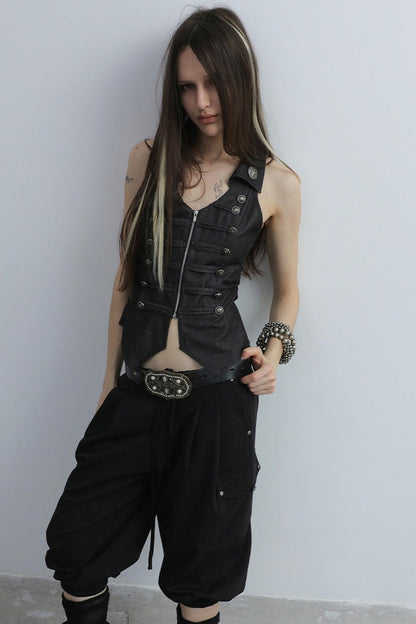 V-Neck Double-Breasted Zipper Vest