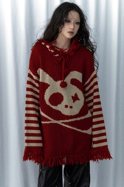 Skull Rabbit Hooded Knit Blouse