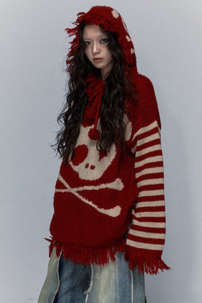 Skull Rabbit Hooded Knit Blouse