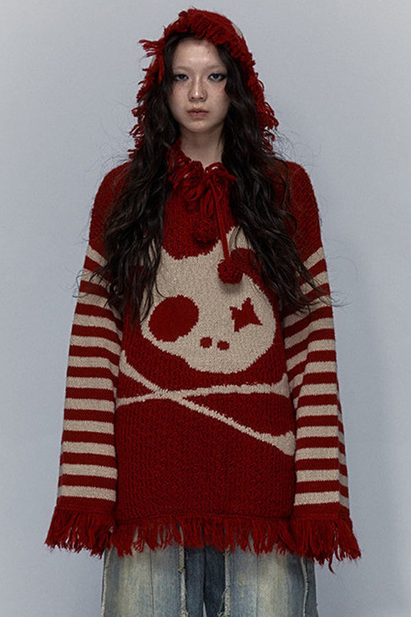 Skull Rabbit Hooded Knit Blouse