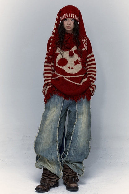 Skull Rabbit Hooded Knit Blouse