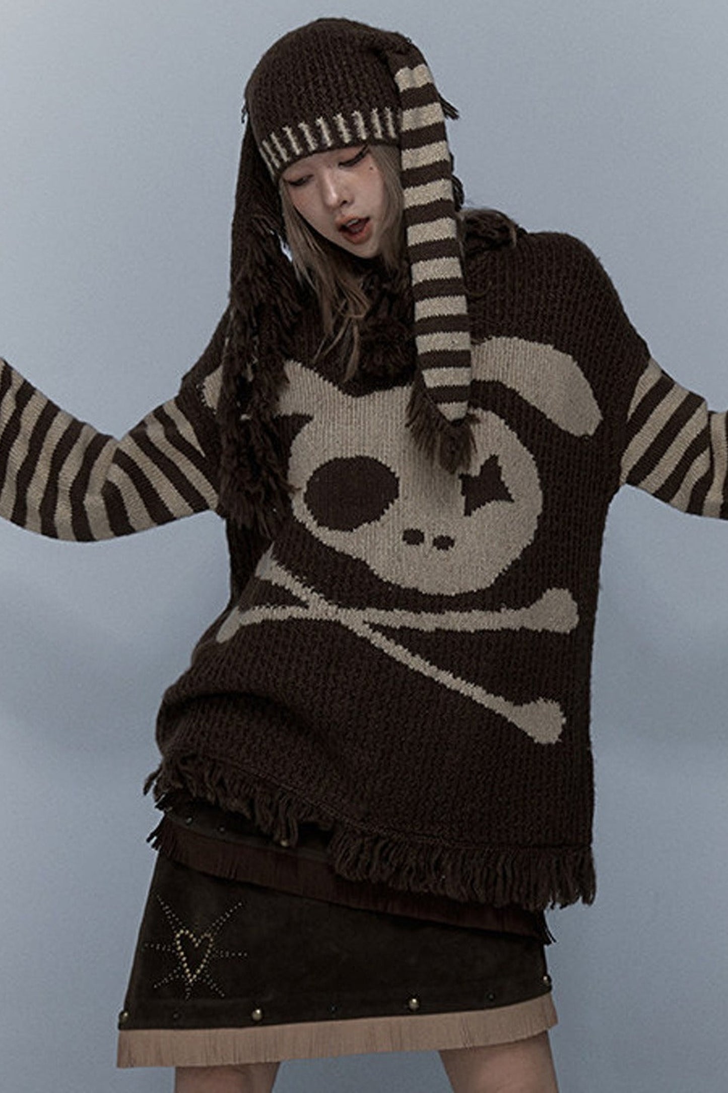 Skull Rabbit Hooded Knit Blouse