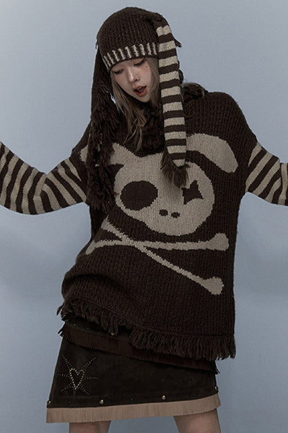 Skull Rabbit Hooded Knit Blouse
