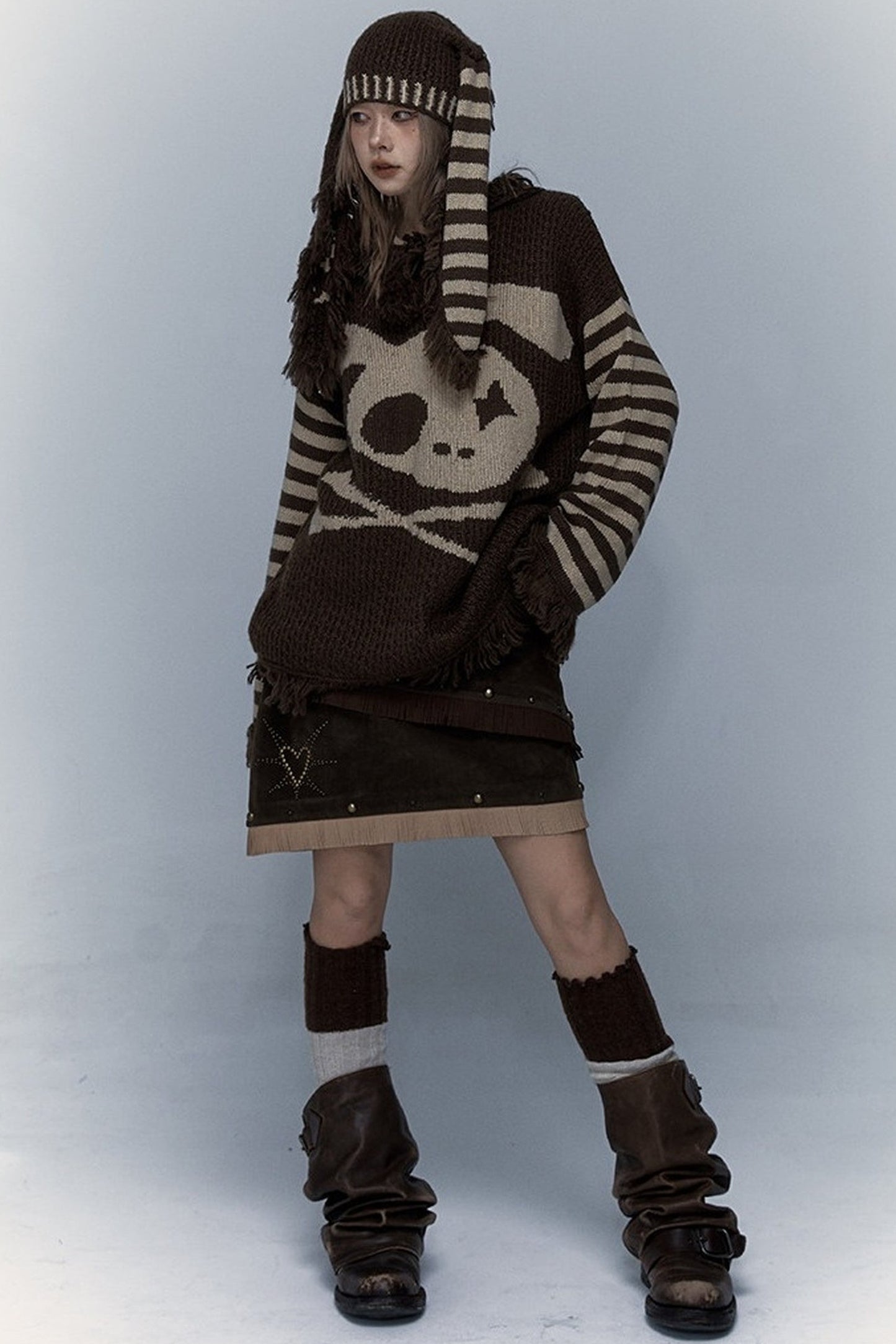 Skull Rabbit Hooded Knit Blouse