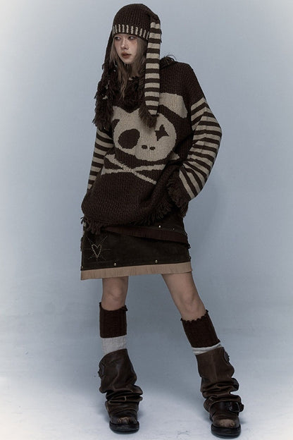 Skull Rabbit Hooded Knit Blouse