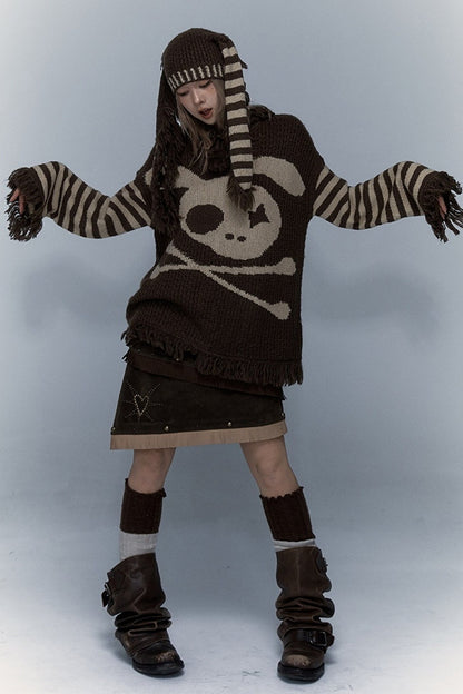 Skull Rabbit Hooded Knit Blouse