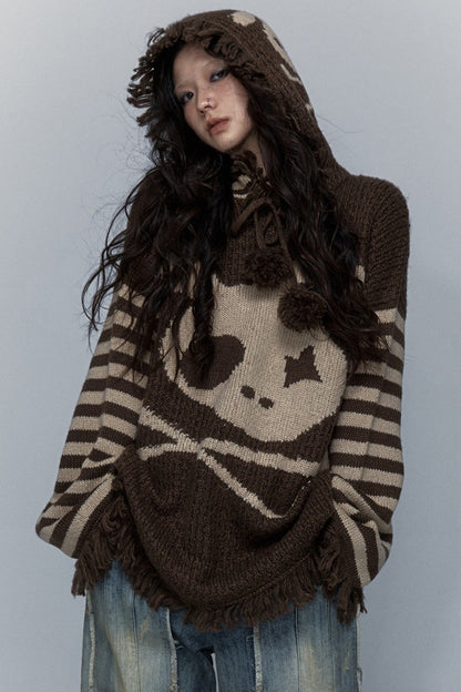 Skull Rabbit Hooded Knit Blouse