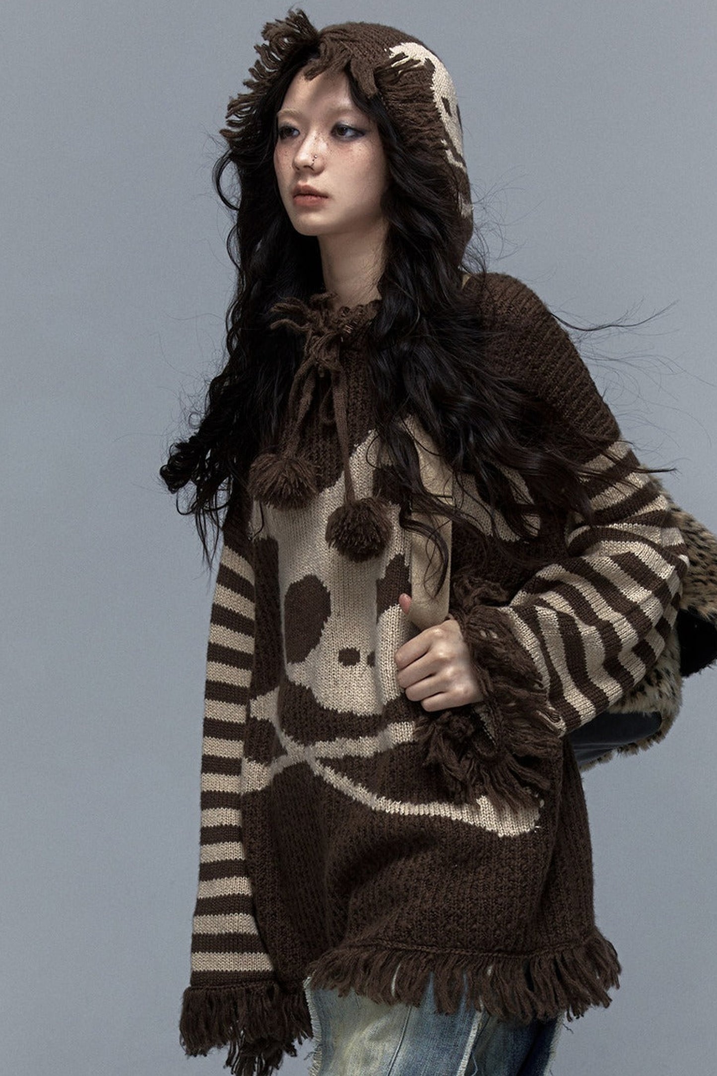 Skull Rabbit Hooded Knit Blouse