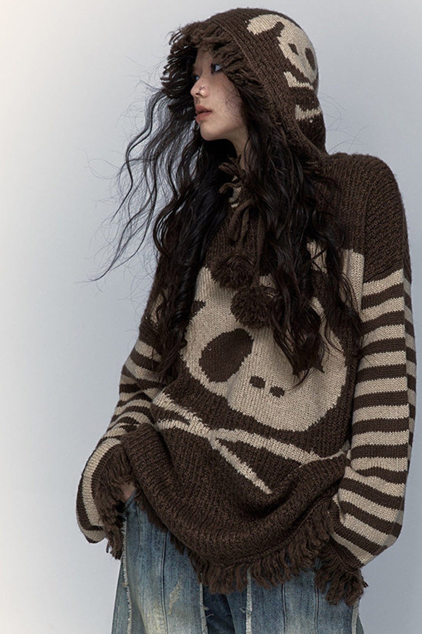 Skull Rabbit Hooded Knit Blouse